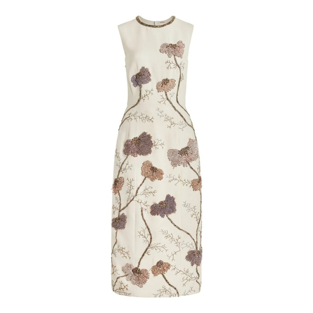 Adam Lippes - Floral Embroidered Wool-Silk Sheath Midi Dress - US 6